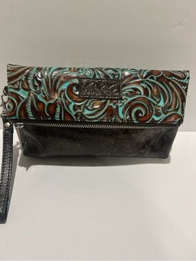 Patricia Nash Valerie Fold Over Wristlet Tooled Leather Turquoise Brown Clutch